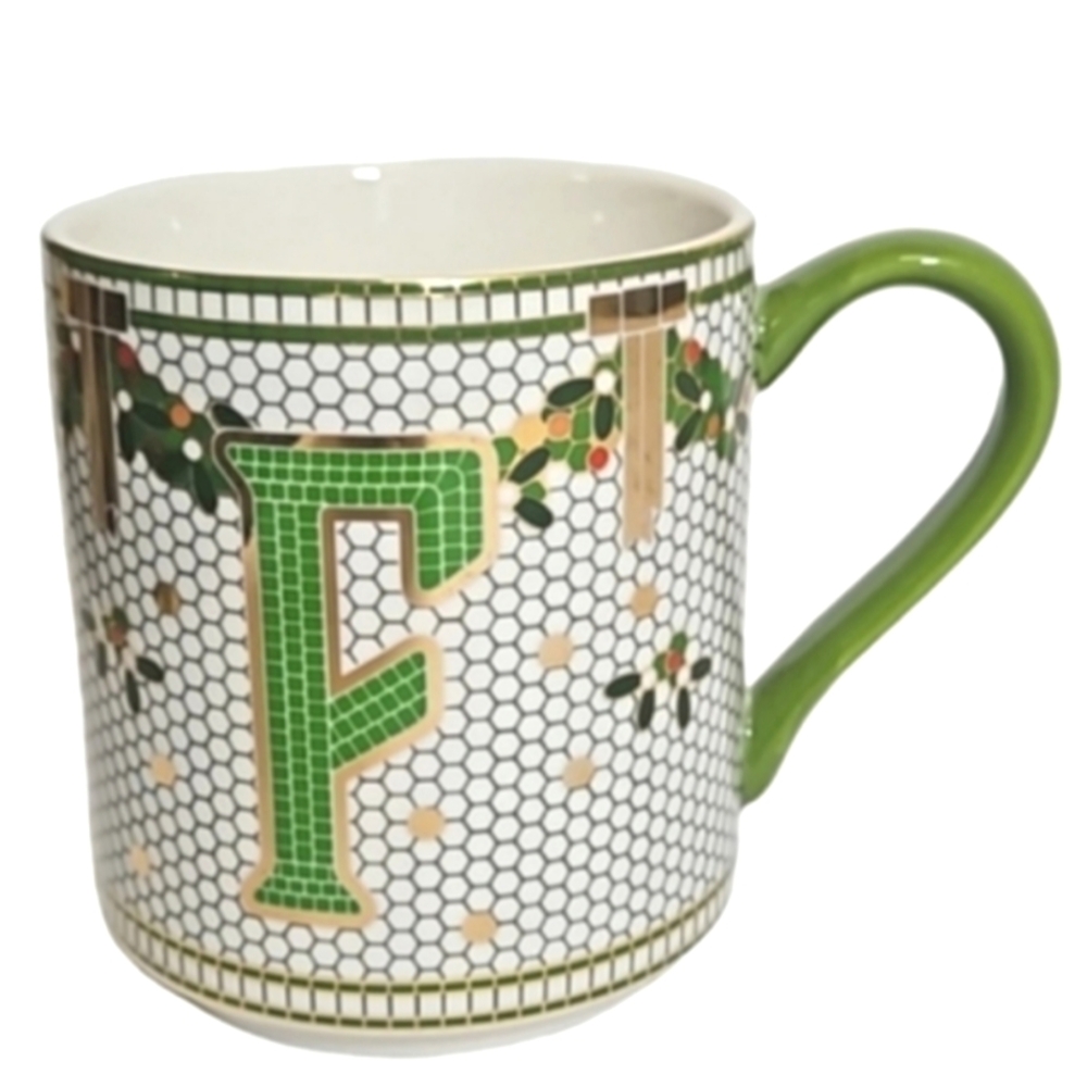 Anthropologie Limited Edition Festive bistro tile monogram mug initial F